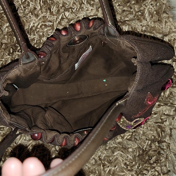 Oilily Embroidery Brown with Multi Fabric Satchel 15"Lx 3"W x10"H - Picture 4 of 6